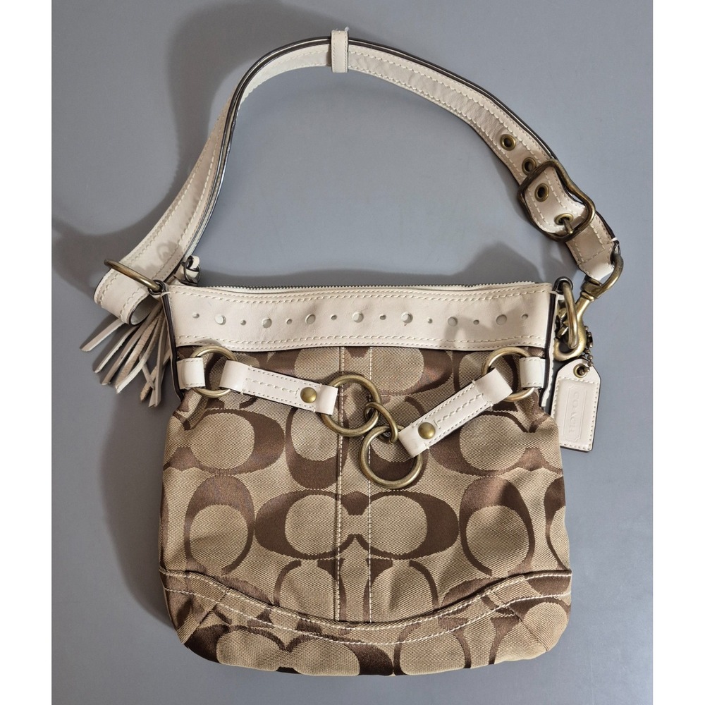 Coach 10564 Signature Jacquard Crossbody / Shoulder Bag with White Leather Trim